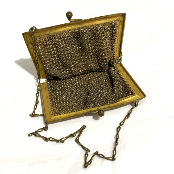 Vintage 1920s metal mesh purse Art Deco geometric white enamel blue gold flaws - Picture 10 of 12